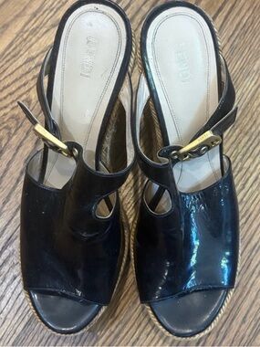 Fendi Black Patent Leather Gold-Accent Wedge Sandals